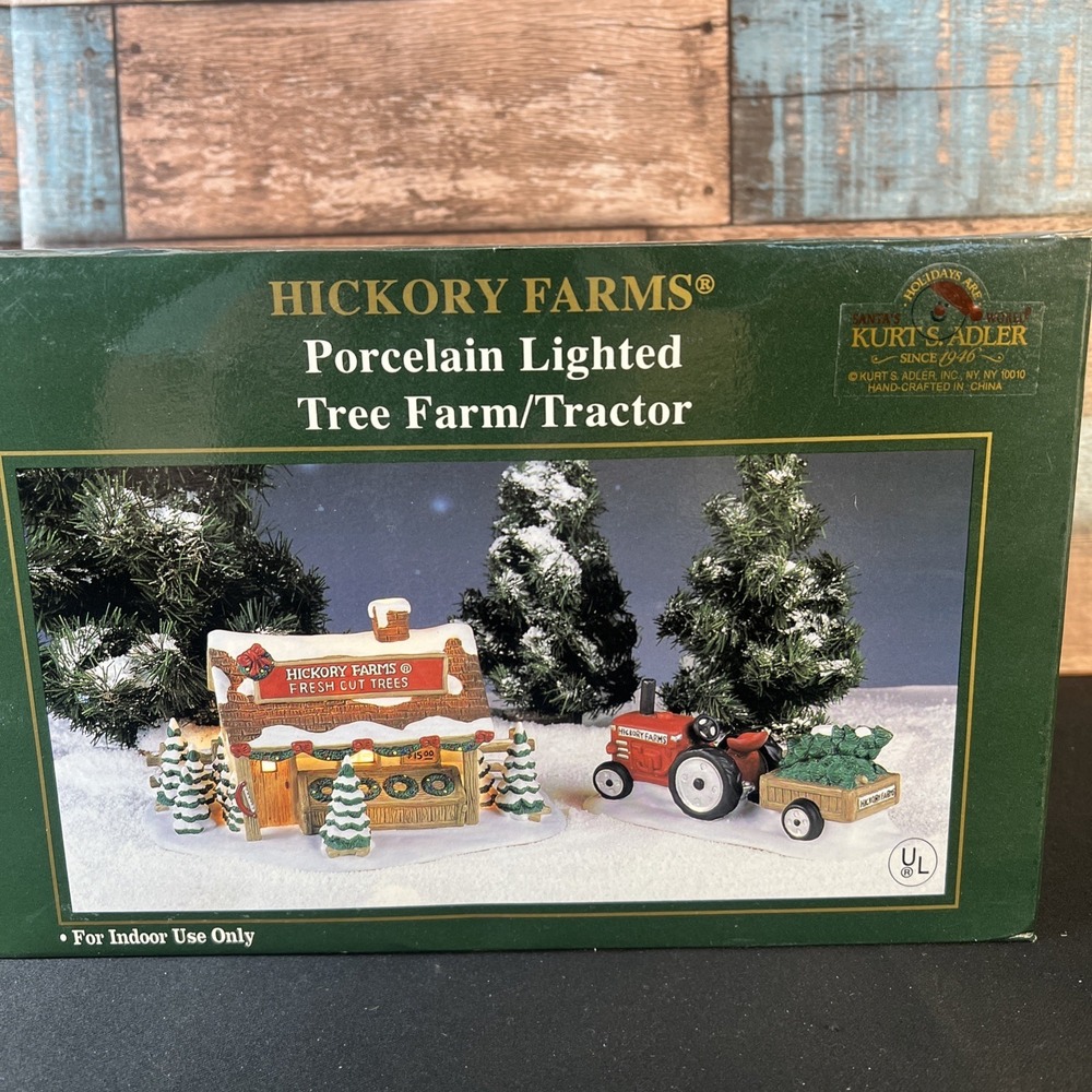 Vintage  1998 Kurt S. Adler HICKORY FARMS Porcelain Lighted Tree Farm / Tractor